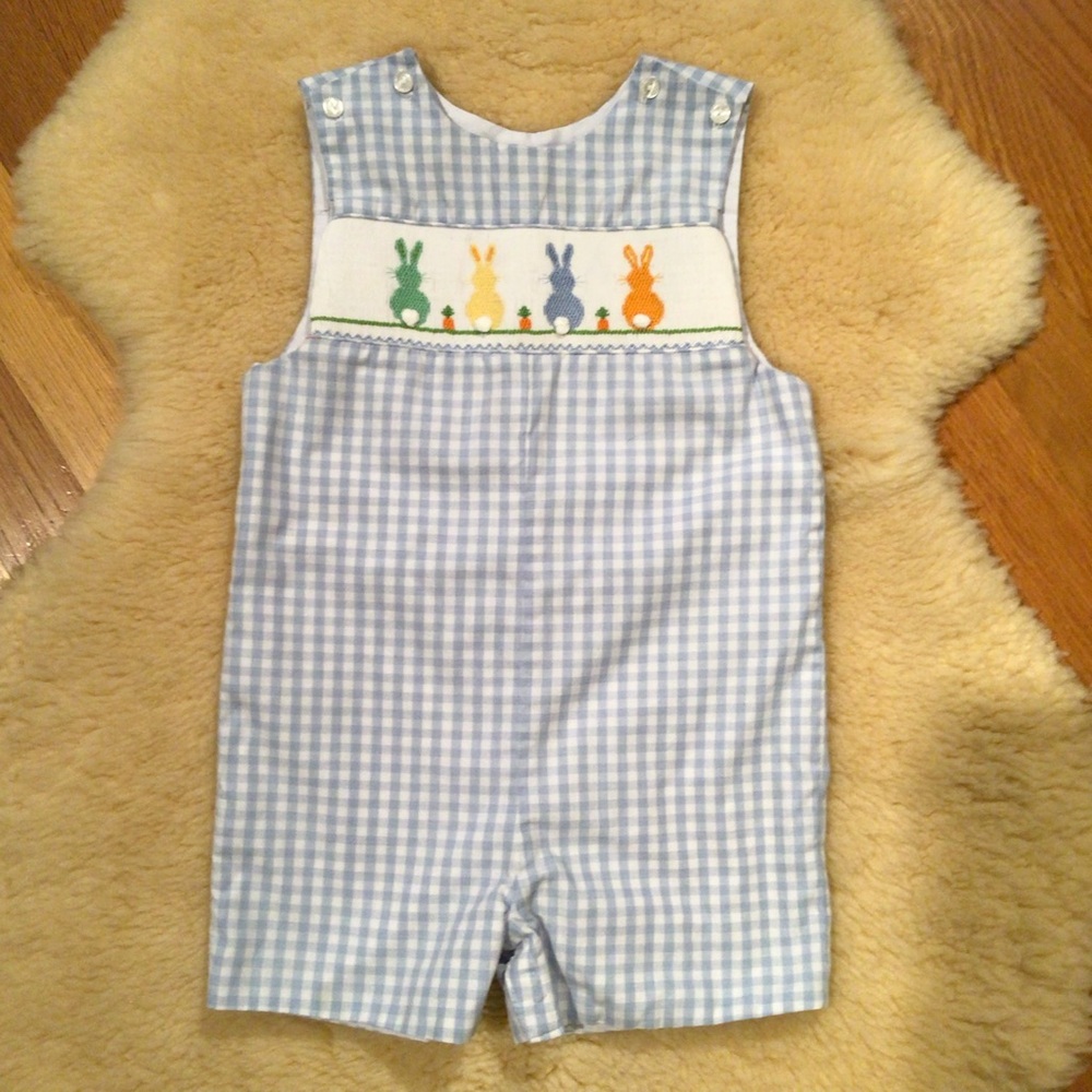 Velani Classics blue and white gingham smocked bunny romper